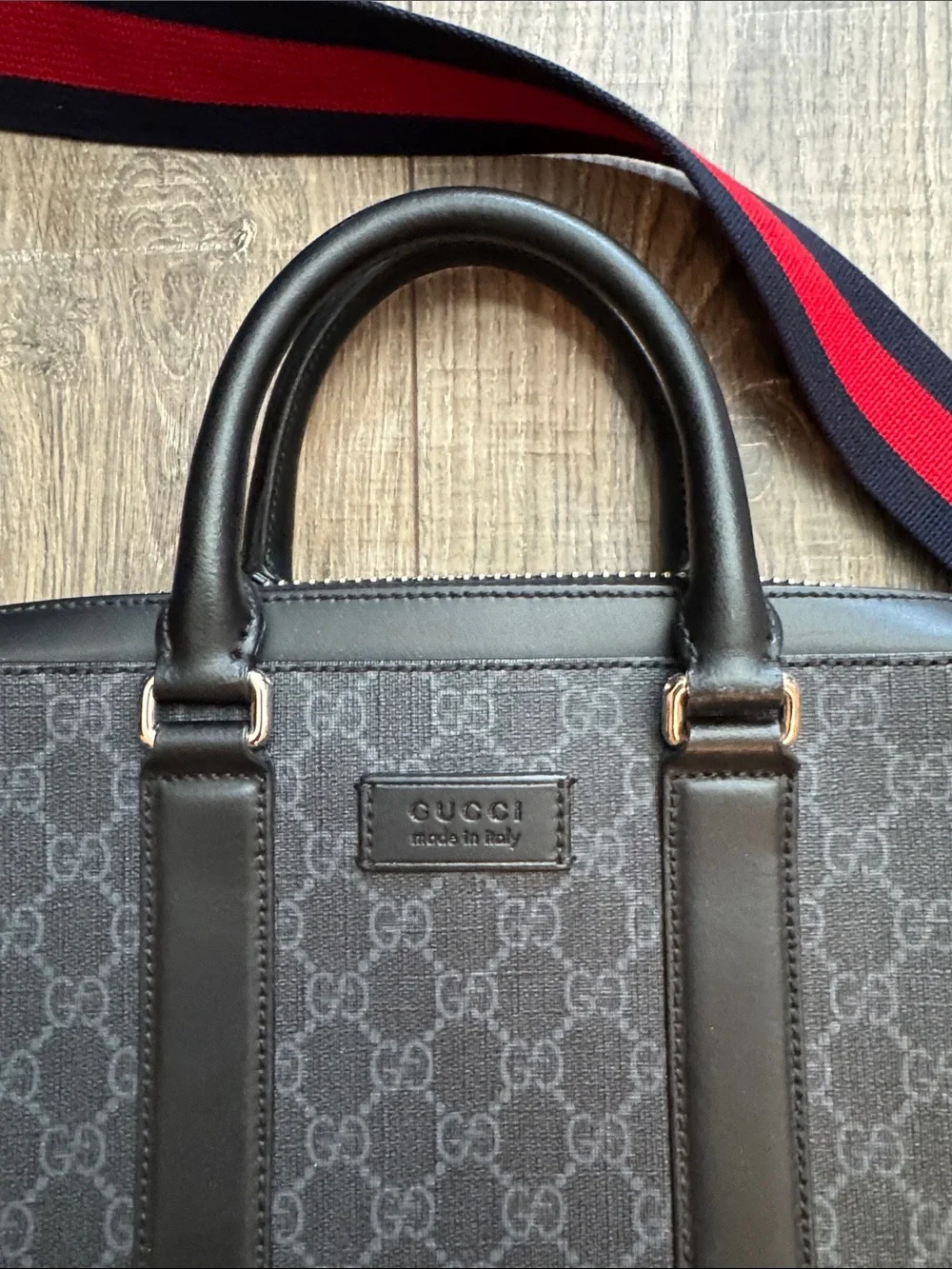 Gucci Men's Black-Gray GG Supreme Laptop Briefcase with Red-Blue Web Strap